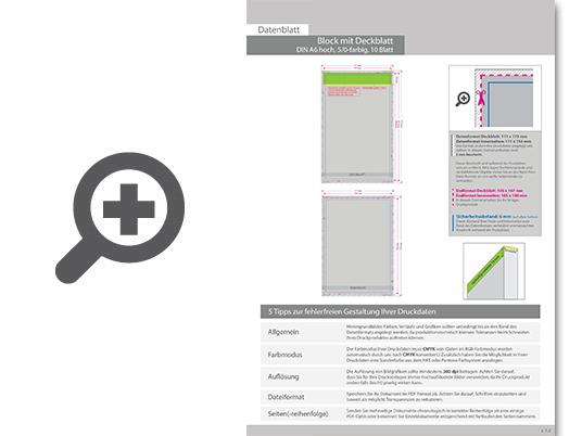 Product Bild block_mit_leimbindung_und_deckblatt__din_a6__10_blatt__5_0_farbig_einseitig_bedruckt_(cmyk_4-farbig_+_1_sonderfarbe_hks_oder_pantone)